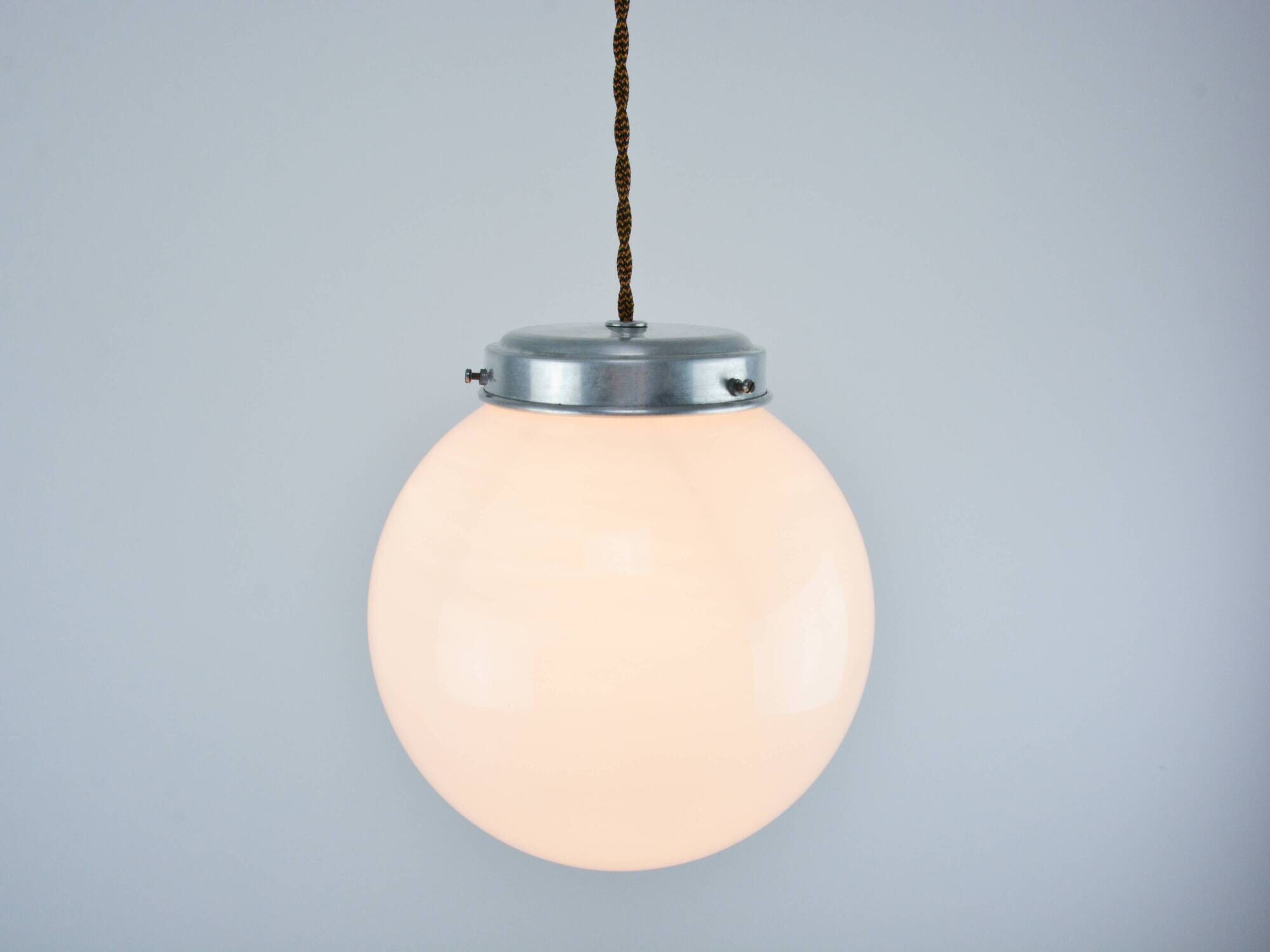 Small Mid-Century Italian Opaline & Metal Sphere Pendant Lamp