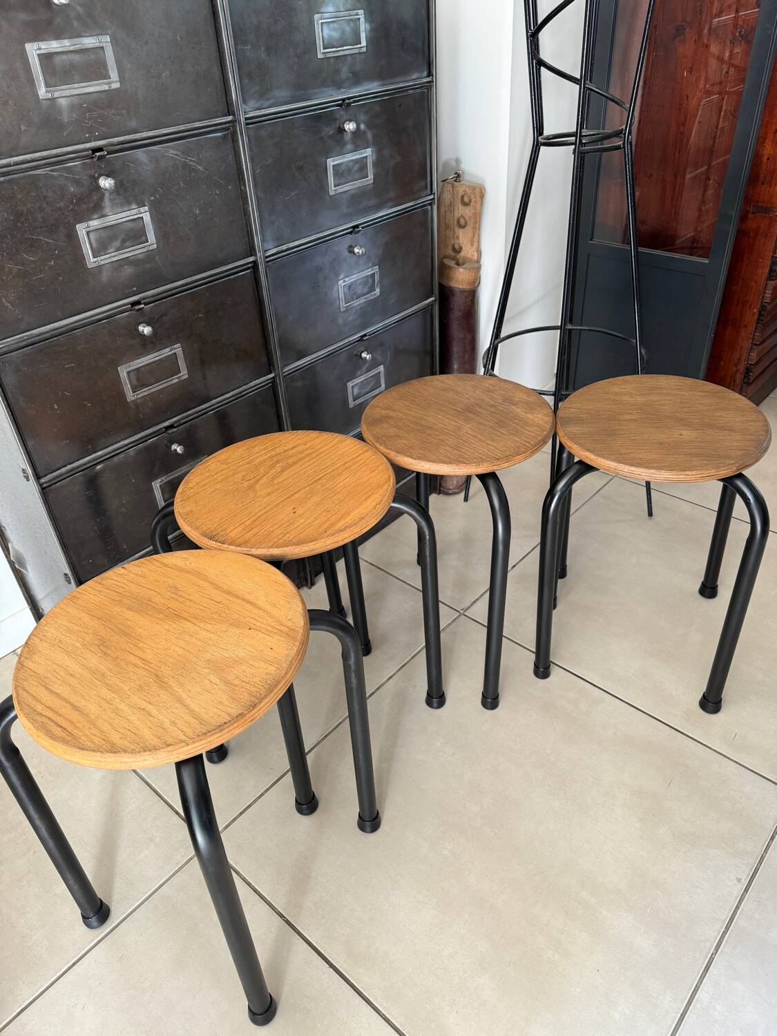 Series of 4 metal and wood school stools