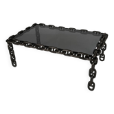 Vintage brutalist black iron chain link coffee table with original smoked glass, 70s