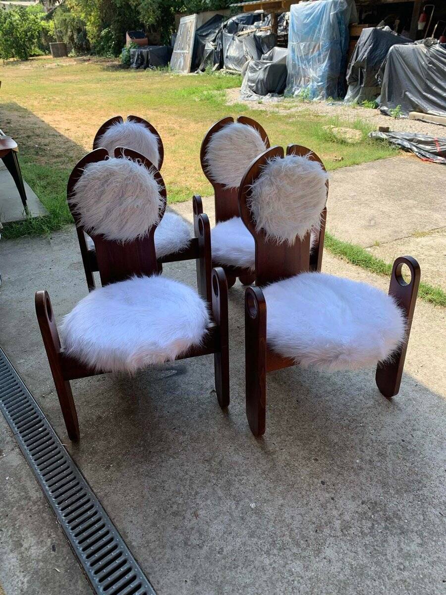 Set of 4 vintage dining chairs in brown pine and white fur by Szedleczky (1970s)