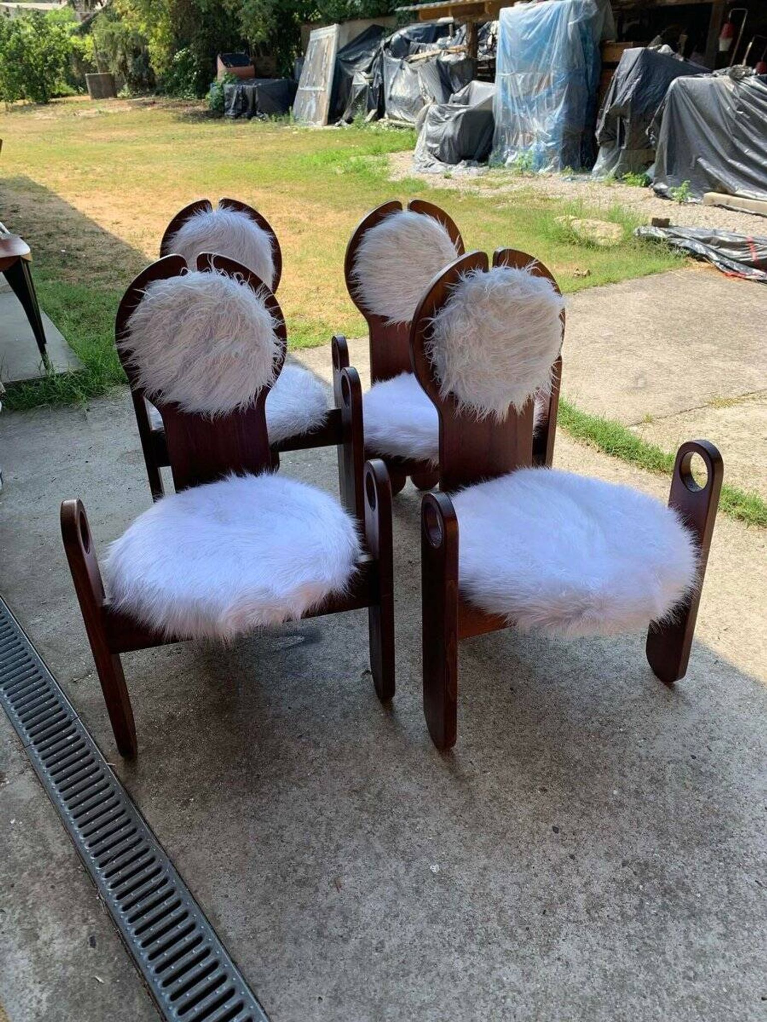 Set of 4 vintage dining chairs in brown pine and white fur by Szedleczky (1970s)
