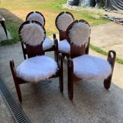 Set of 4 vintage dining chairs in brown pine and white fur by Szedleczky (1970s)