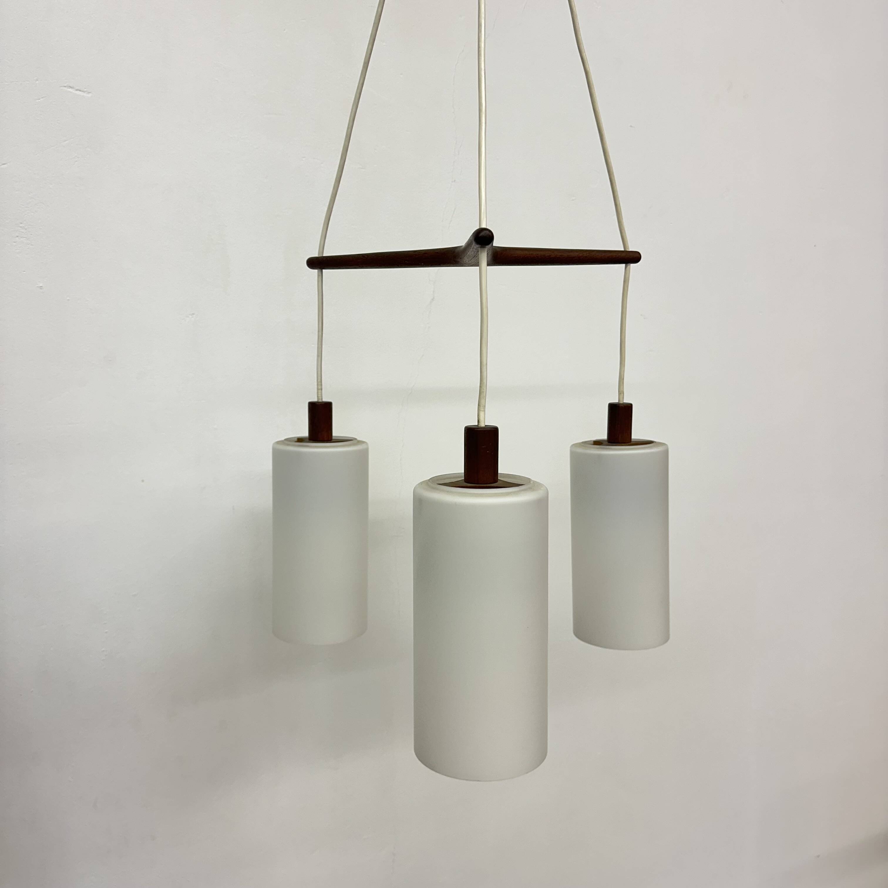 Mid-century design pendant lamp teak and opaline glass , 1970s