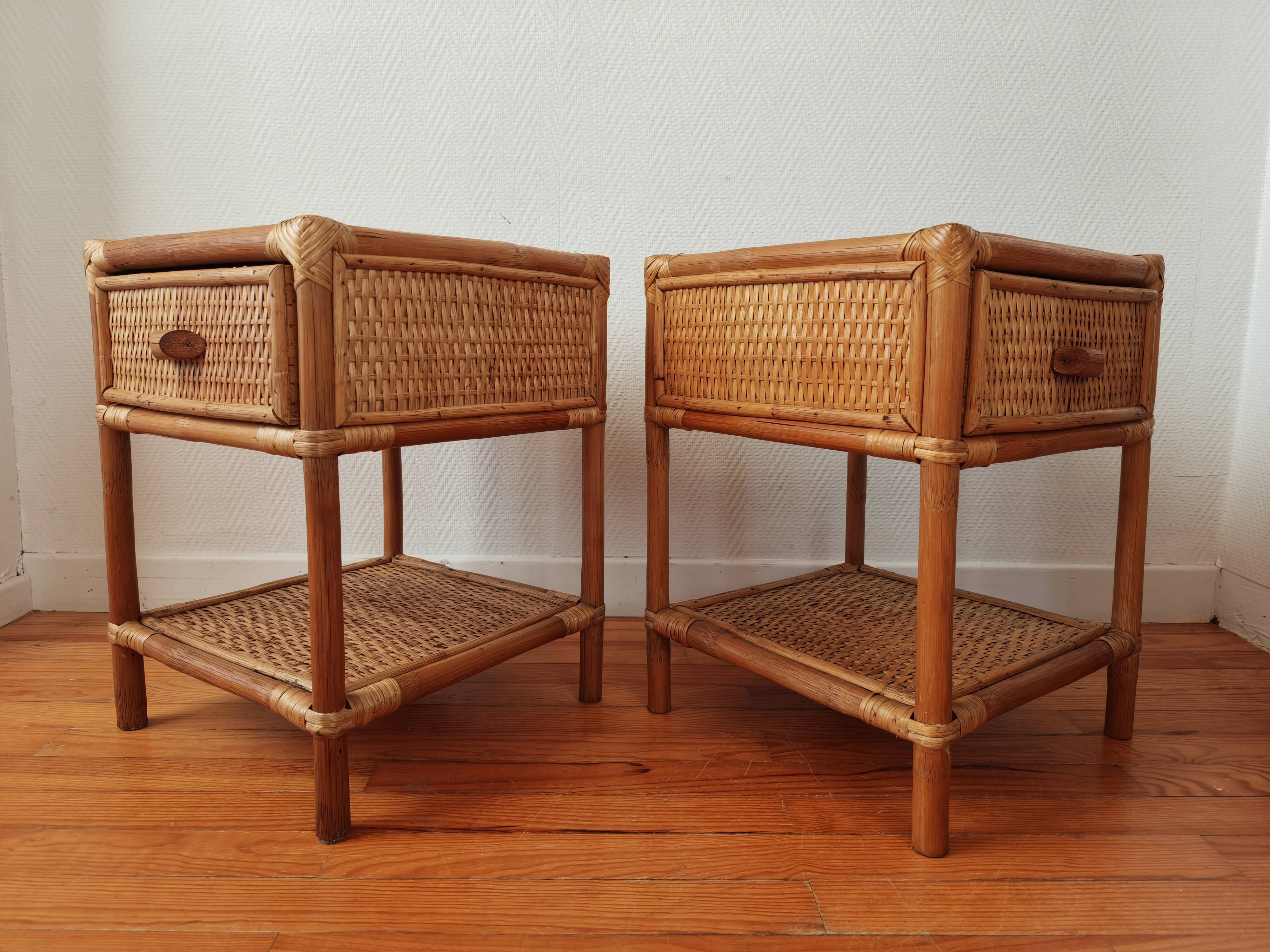 Pair of bedside tables in rattan and wicker - circa 1970