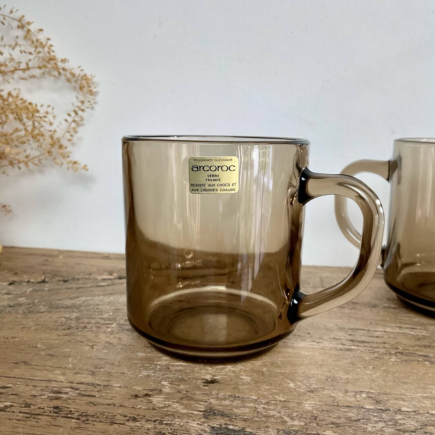2 Arcoroc France smoked glass mugs