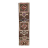 Tapis de couloir turc Oushak vintage fait main en laine et coton marron
