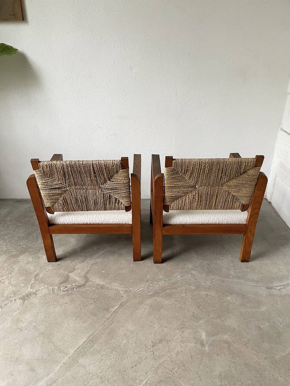 Pair of oak and straw armchairs, reconstruction style