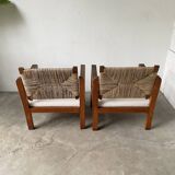 Pair of oak and straw armchairs, reconstruction style