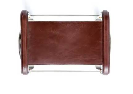 Antique Steel and Dark Brown Saddle Leather Footrest, Contemporary Style