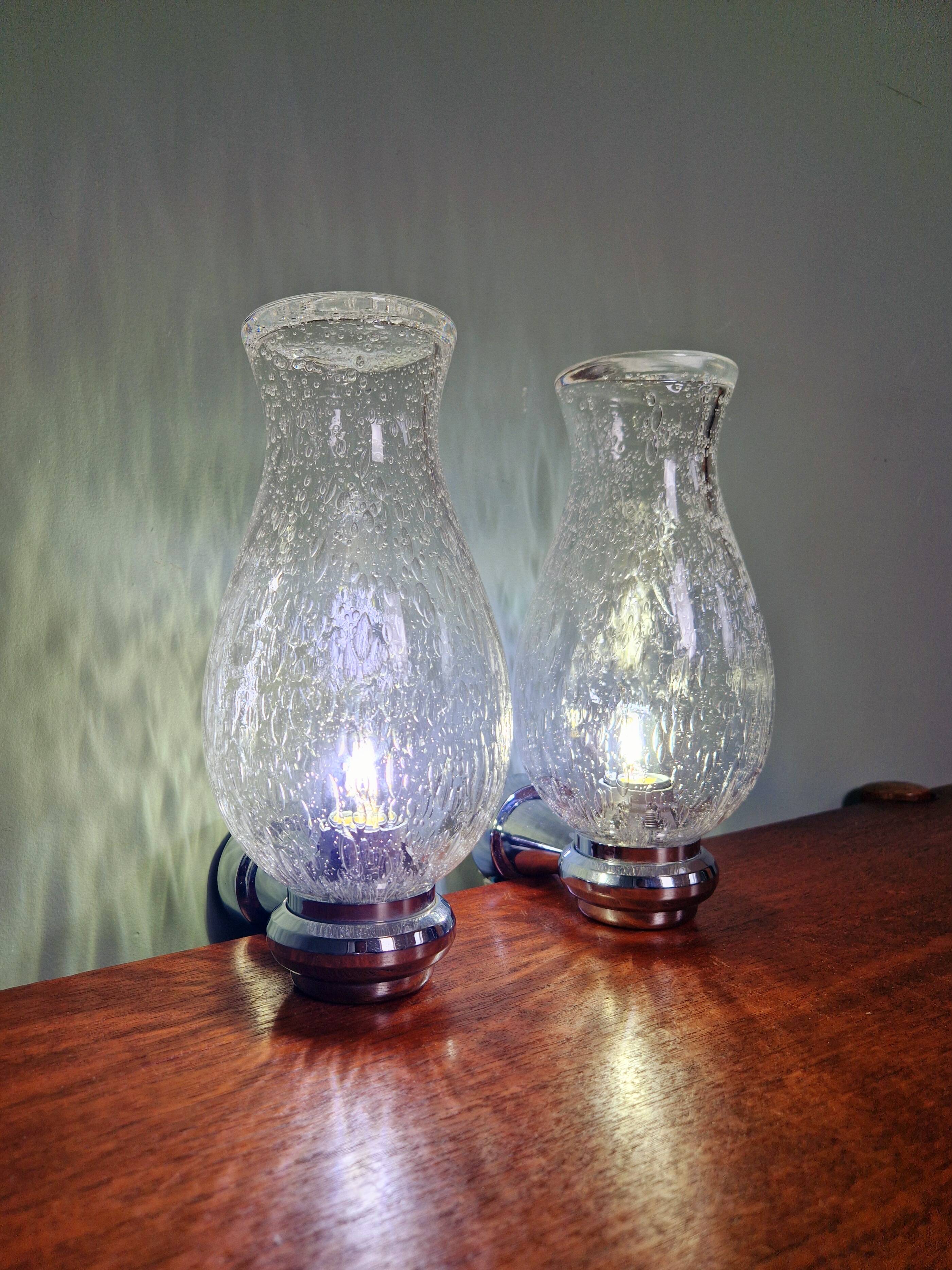 Pair of blown glass and chrome-plated metal wall lights, 1970s