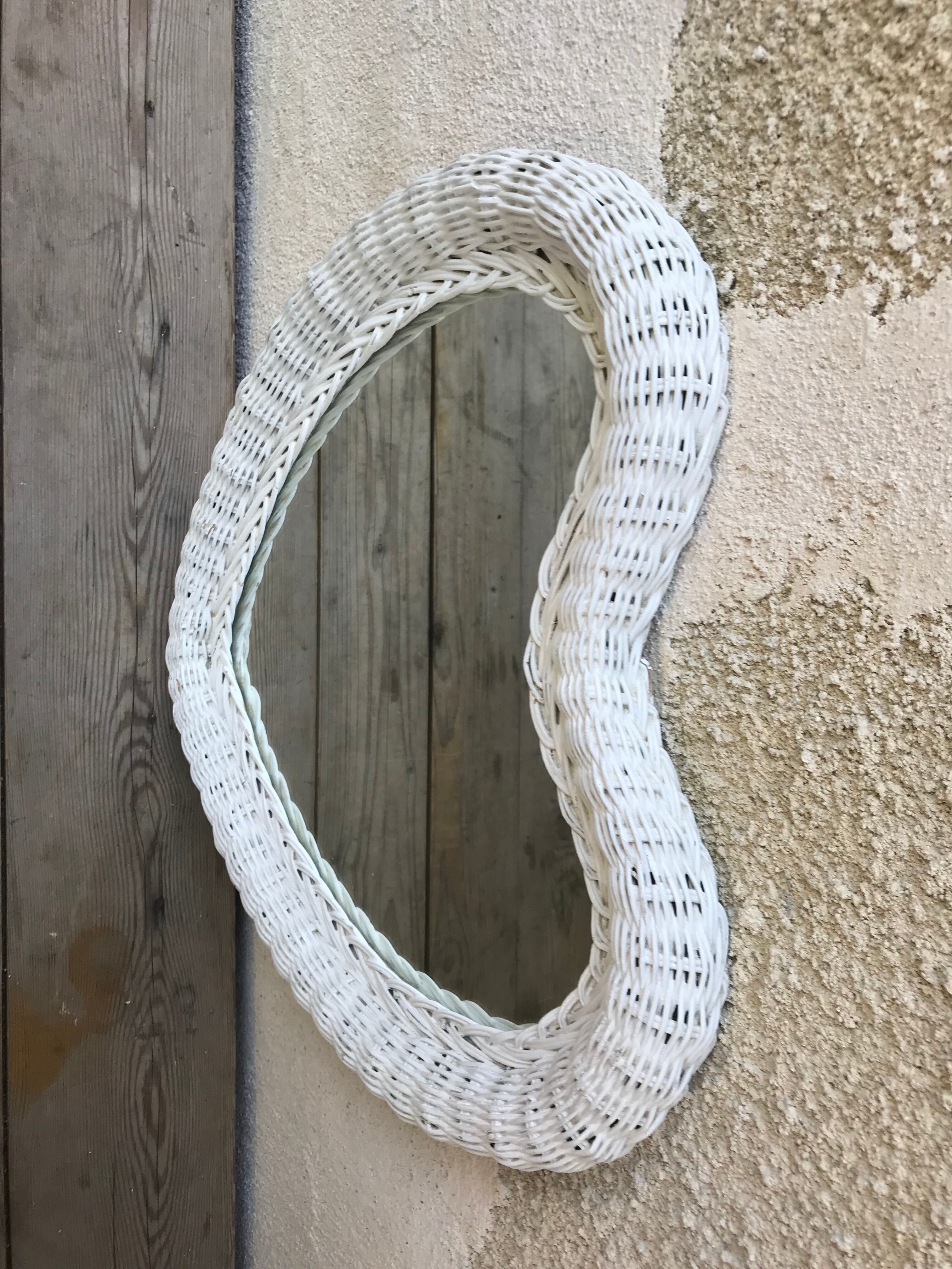 Vintage 60s white rattan mirror 46x46cm