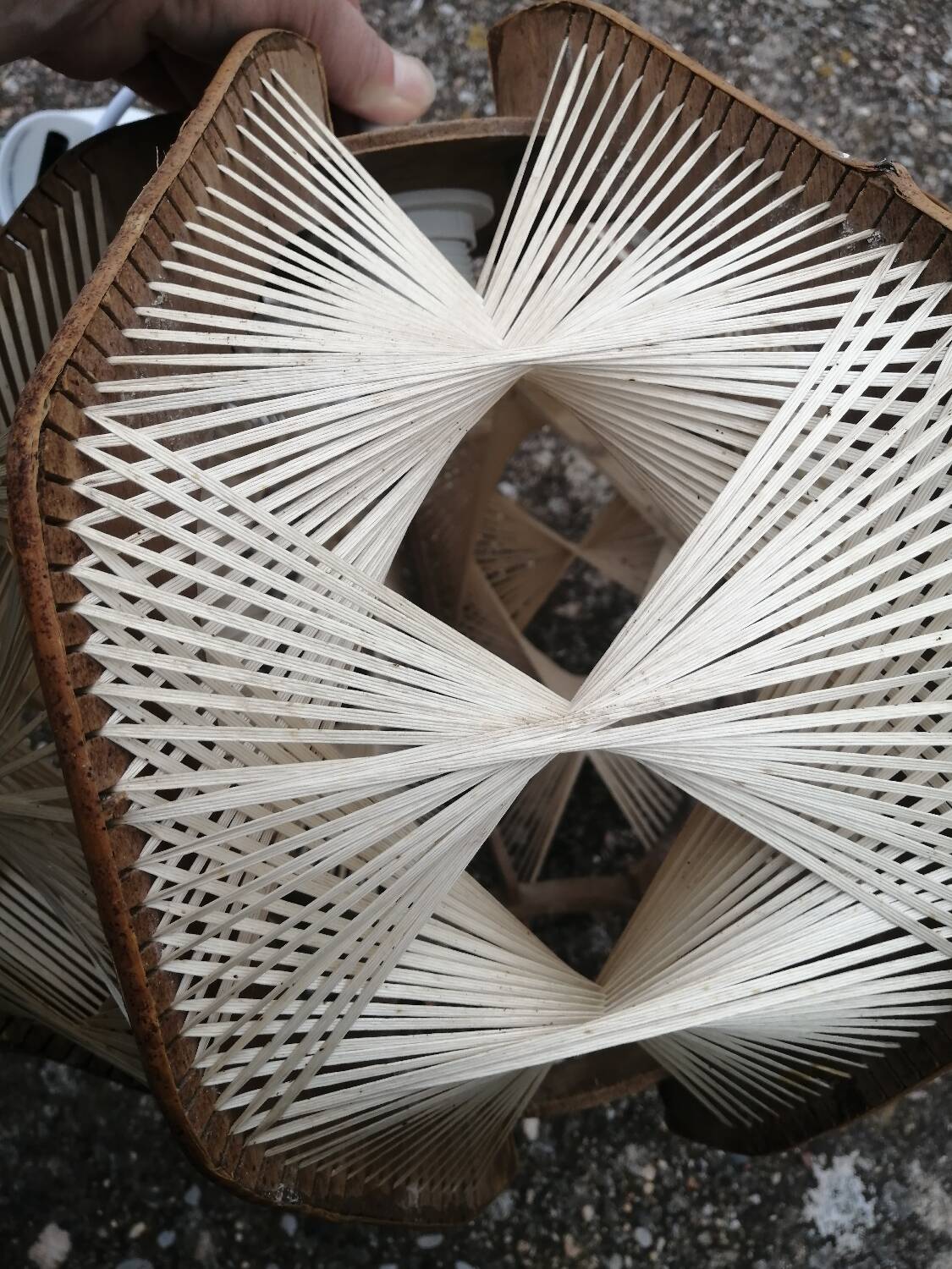 Pair of vintage wooden and rattan straw pendant lights.