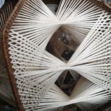 Pair of vintage wooden and rattan straw pendant lights.