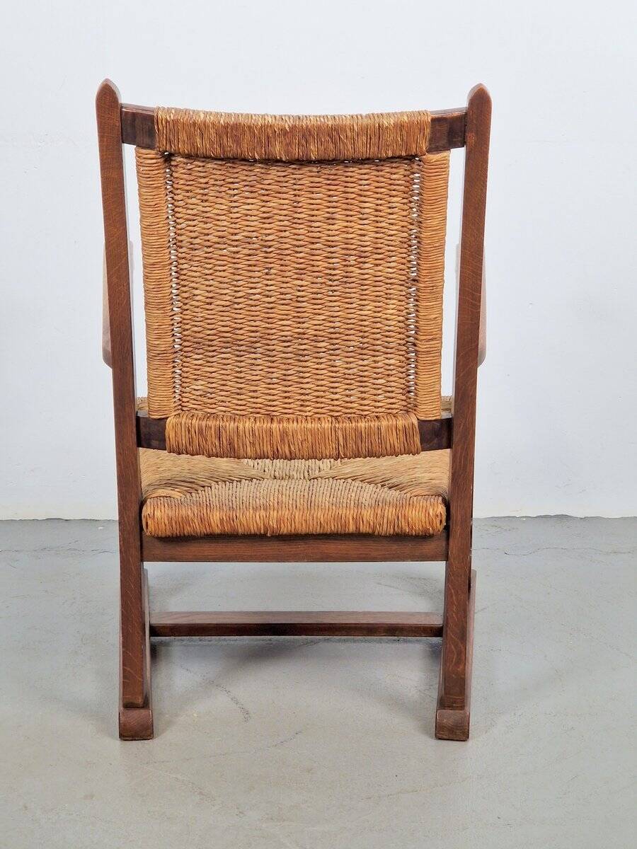 Modern Dutch Brutalist Armchair in Rush and Oak, 1950s