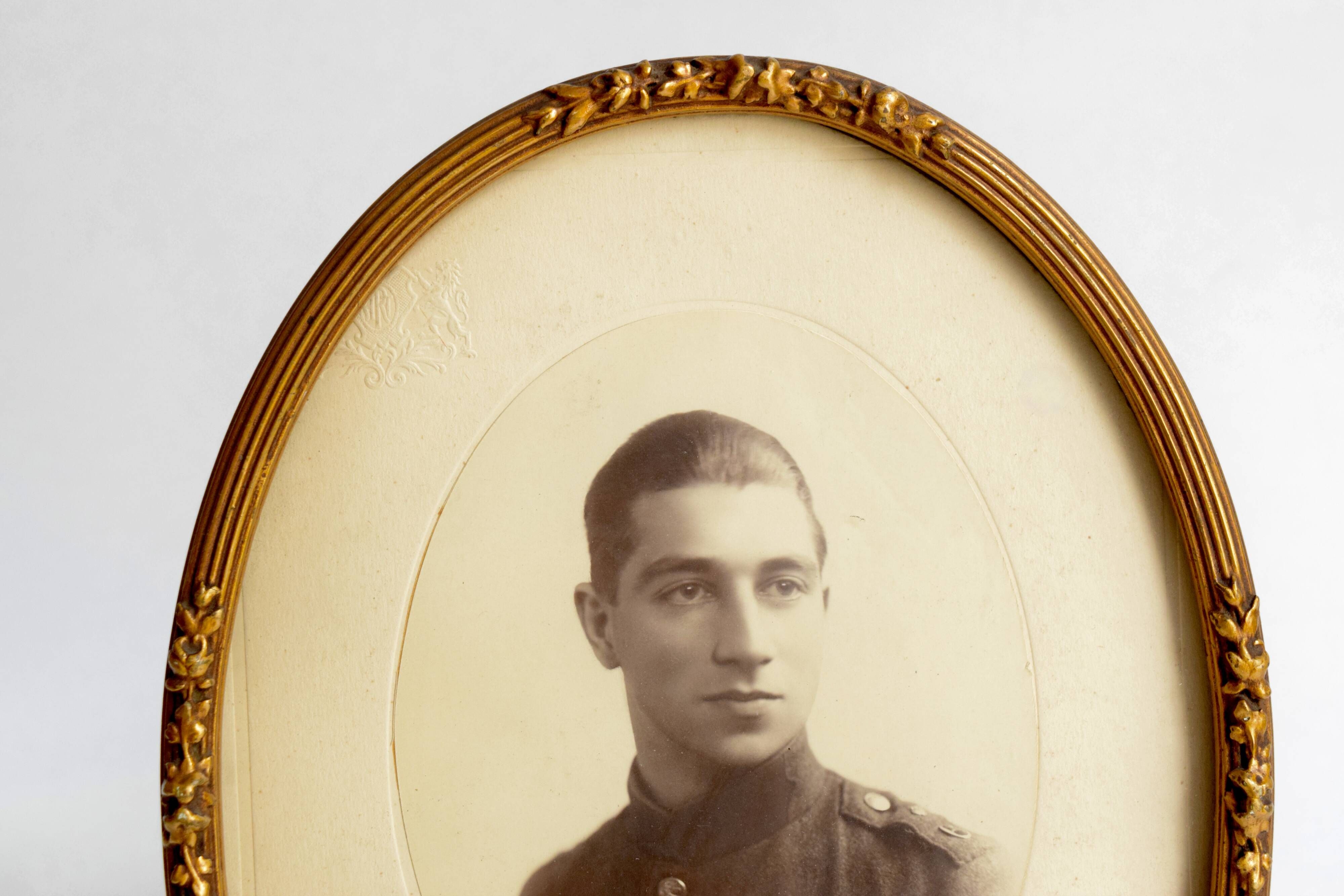 Antique art deco brass photographic frame - in memory of a young soldier - 1926