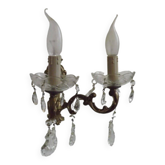 French Vintage Traditional Style Double Bronze Glass & Crystal Wall Light 4559