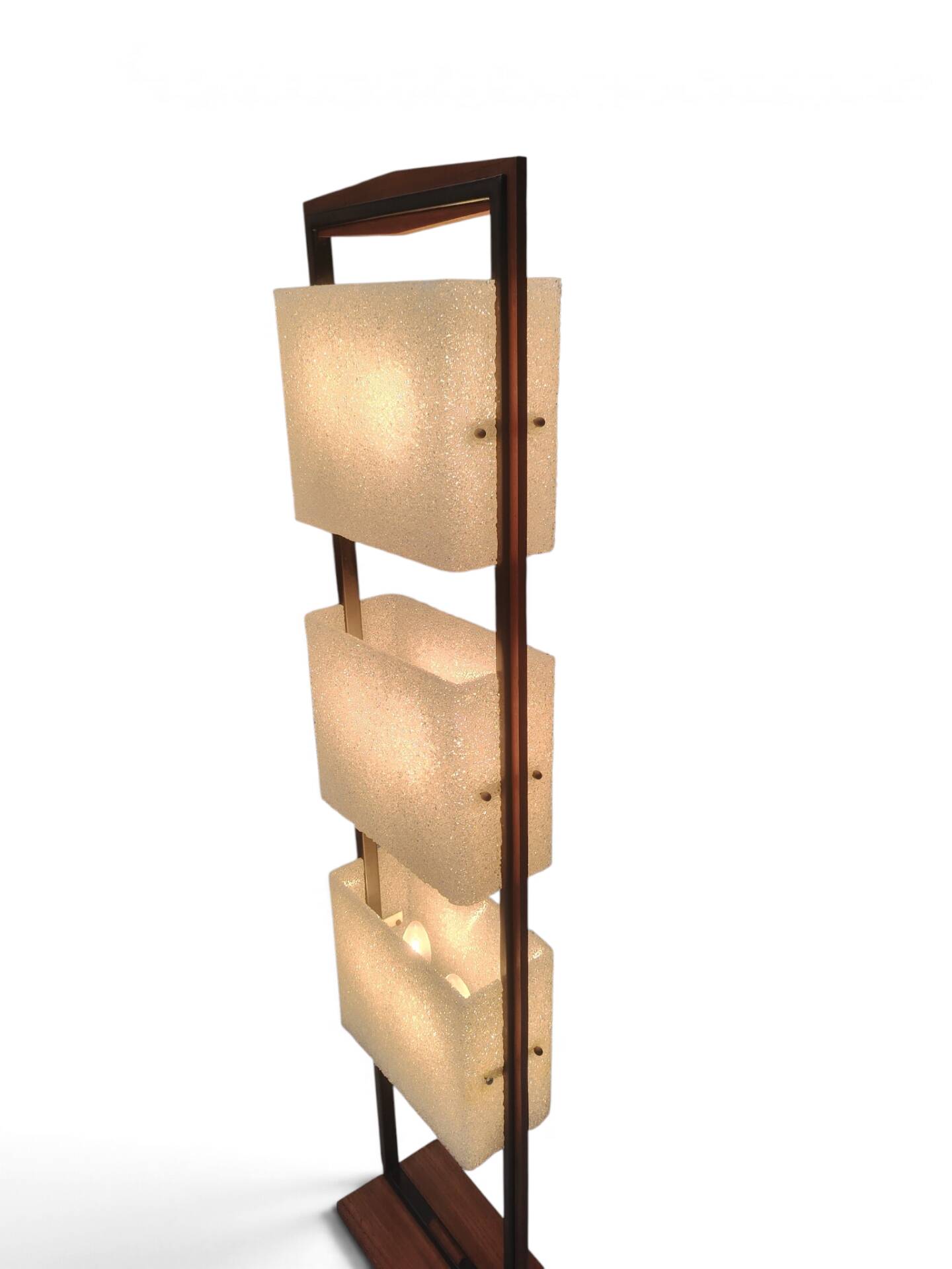 Column totem floor lamp in teak and frosted resin Scandinavian design