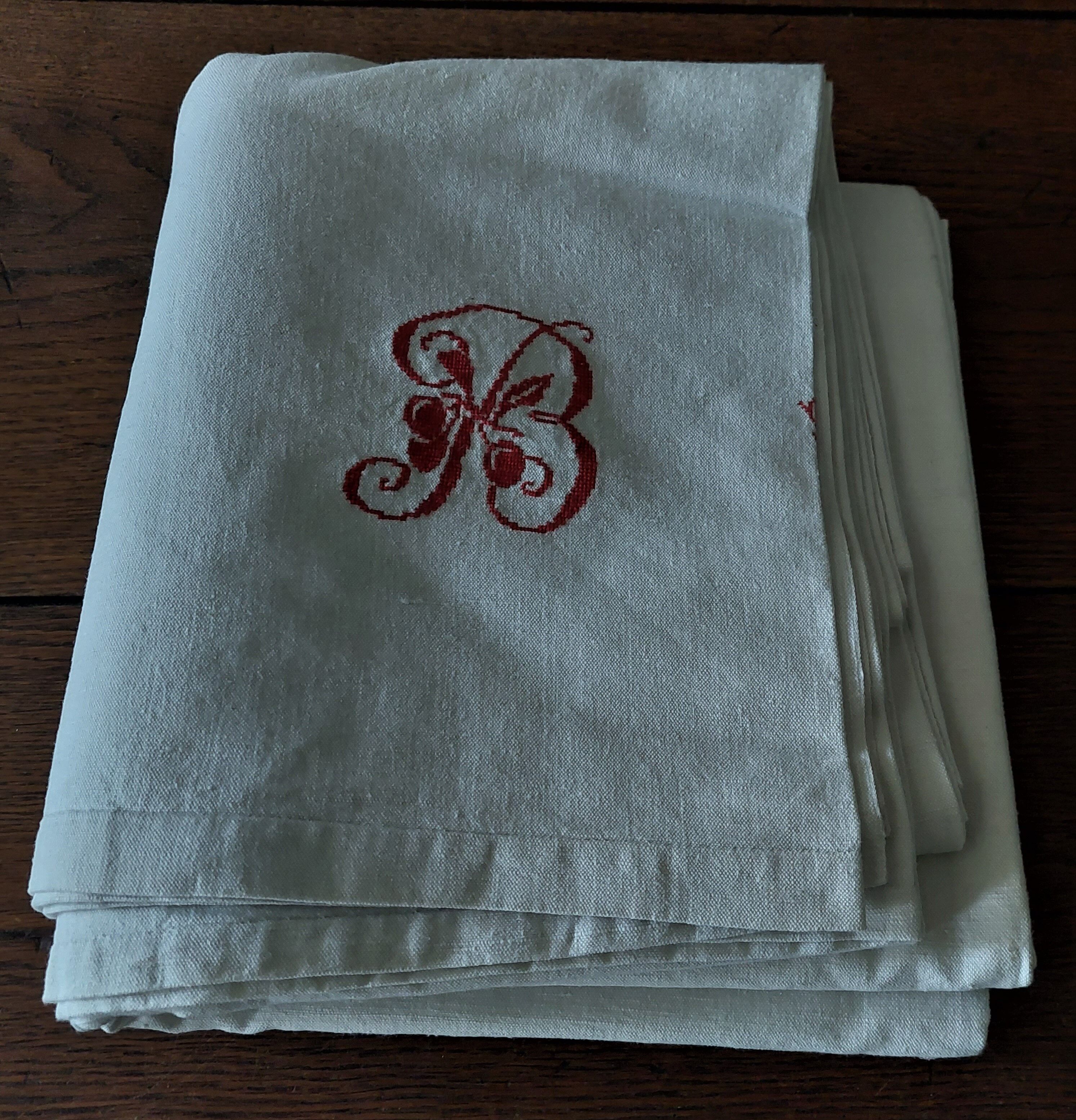 Old sheet embroidered monogram red, 205x230 cm