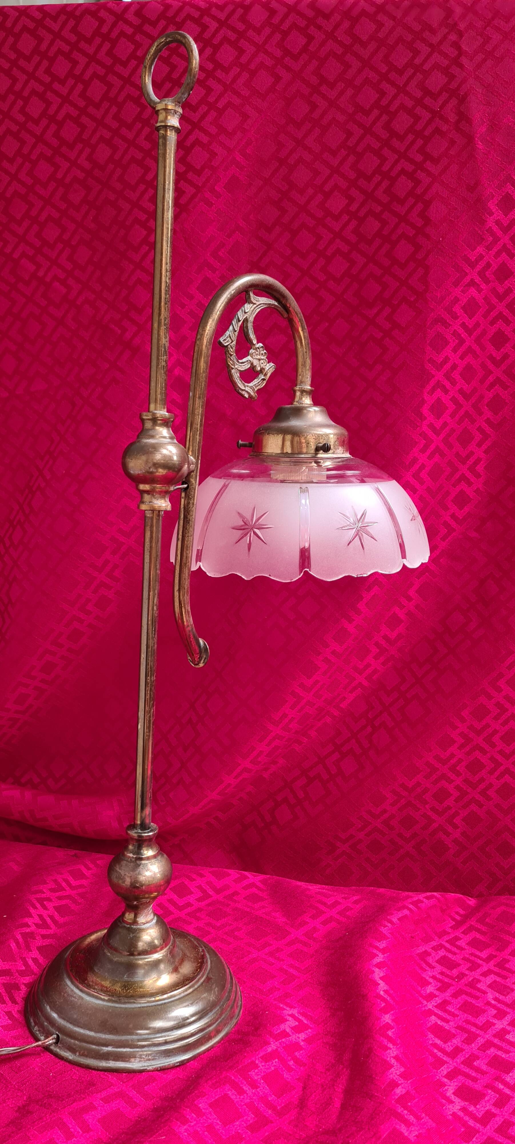 large 1900 brass lamp and cut and opaque glass lampshade, 53x25 original elec,