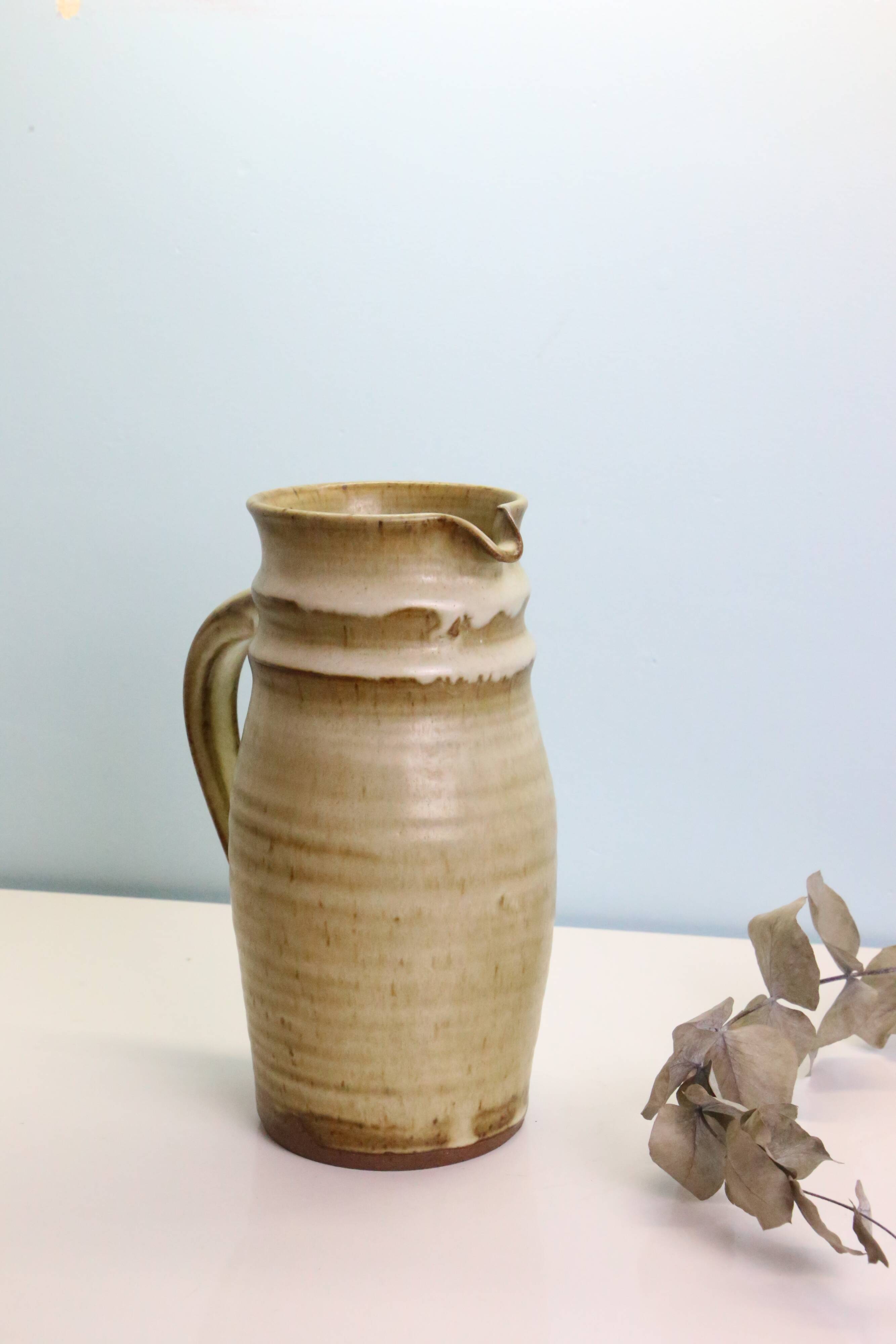 Glazed earth jug, Manziat pottery, rustic, vintage French