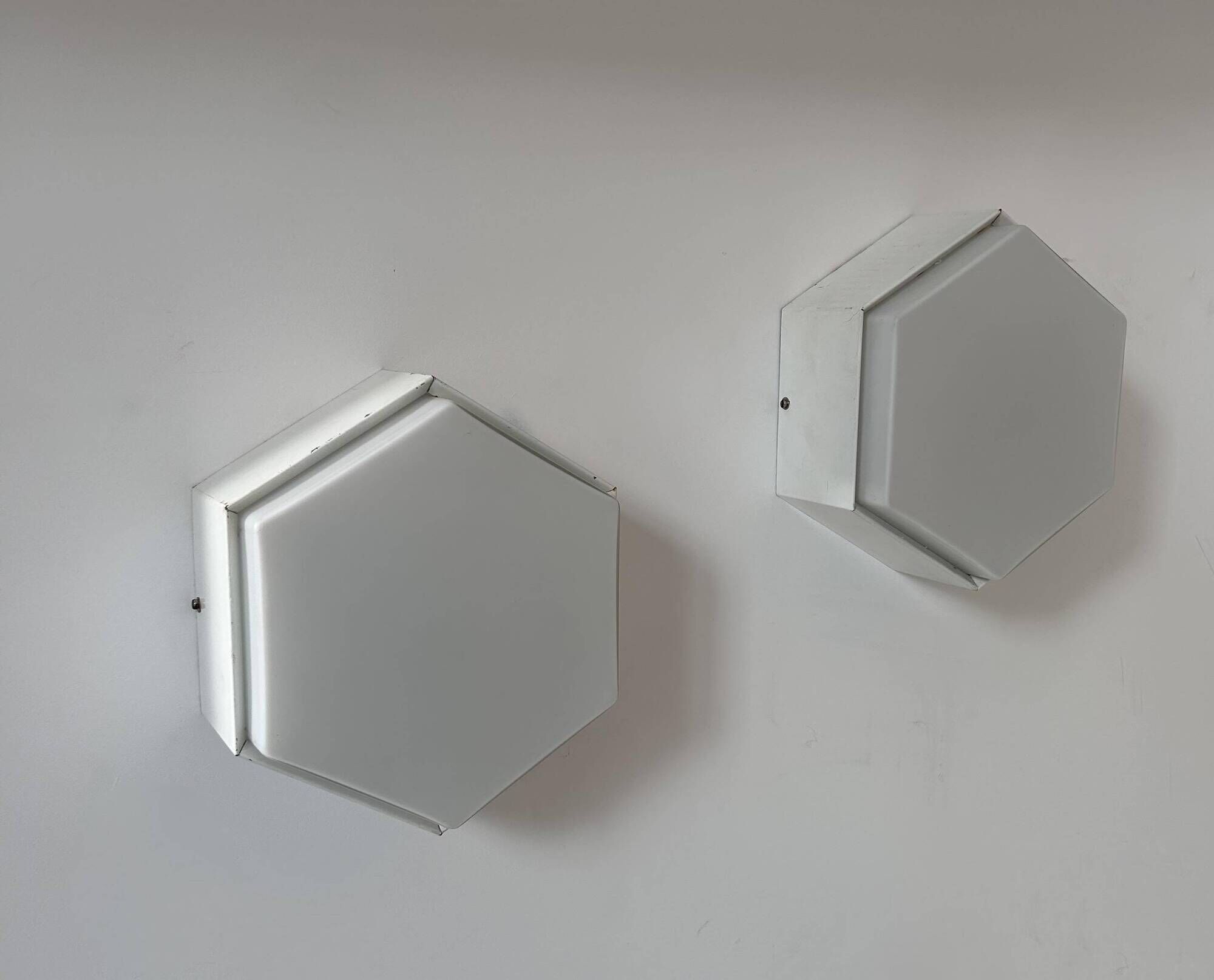 Pair of vintage Raak wall lights, opaline and white lacquered metal, Netherlands 1968