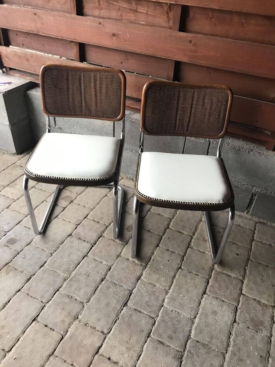 Set of 4 Mid-Century brown faux leather chairs with wood and chrome structure (1970s)