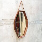 Specchio da parete ottagonale in legno massello e pelle, anni '50