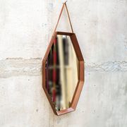 Miroir mural octogonal en bois massif et cuir, années 1950