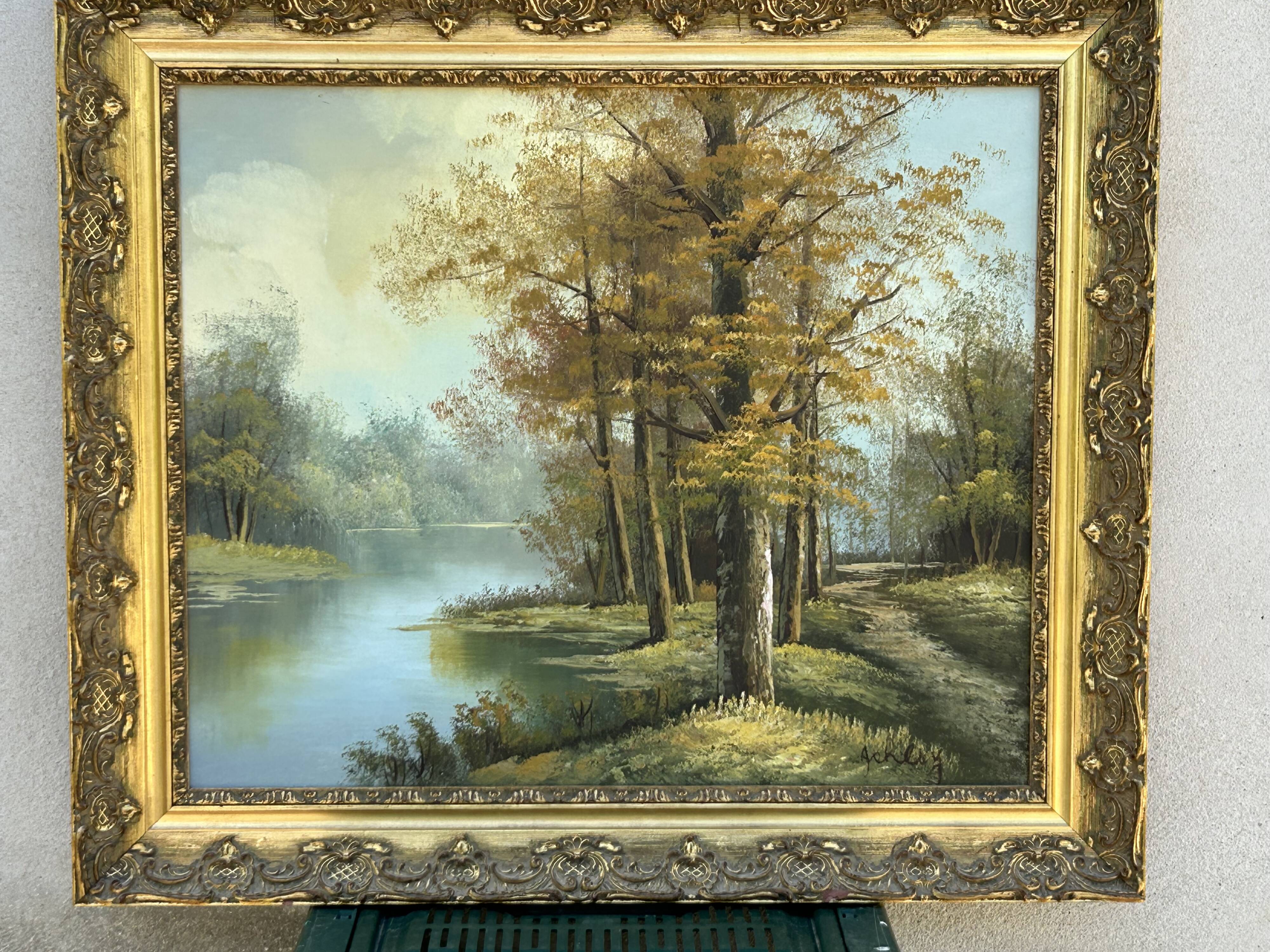 Oil on canvas, lakeside landscape, signature to be identified.