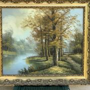 Oil on canvas, lakeside landscape with a signature to be identified.