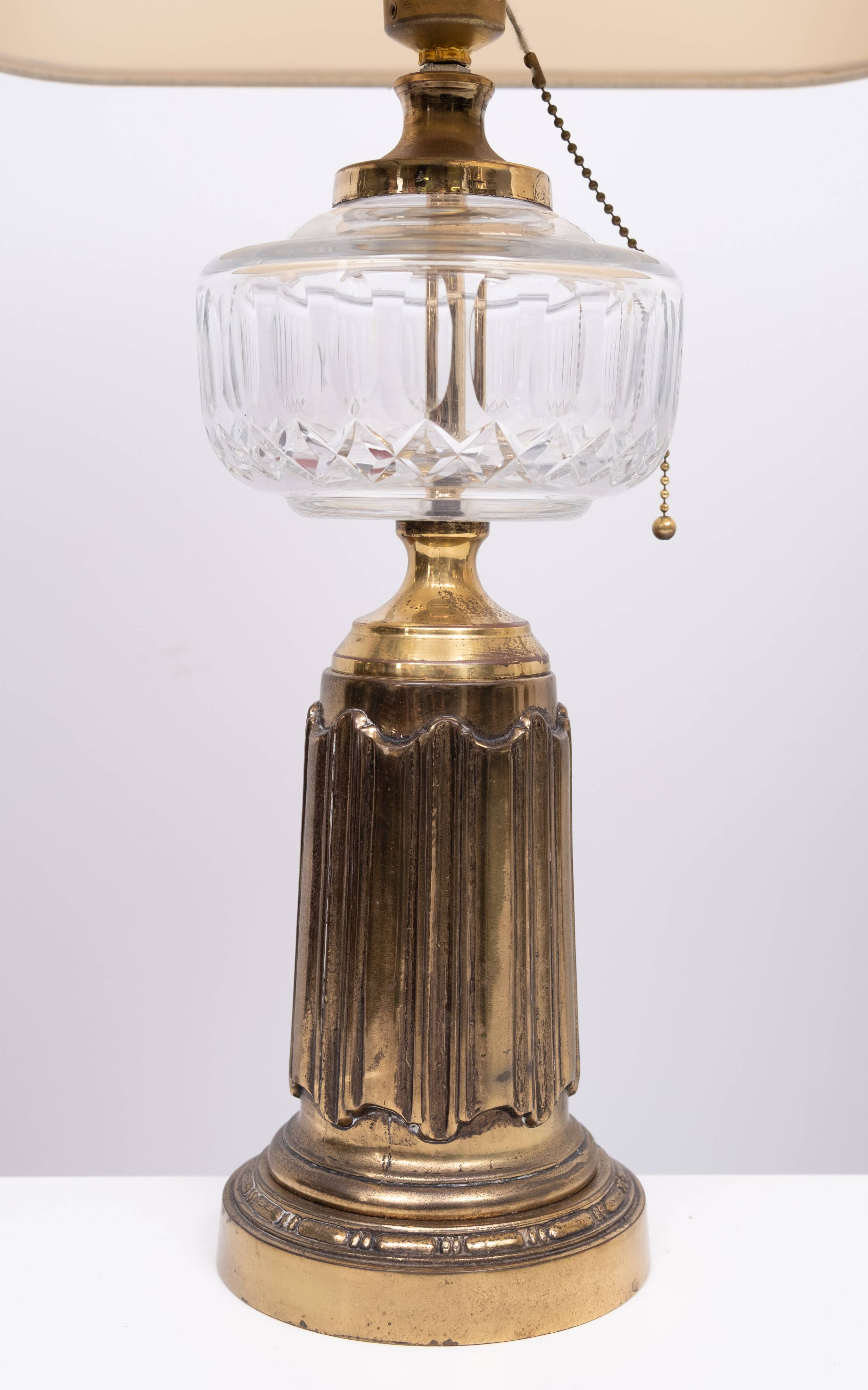 Heyco set Brass and Crystal Glass Table lamps with Shades 1960s USA