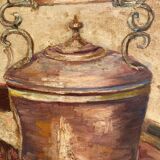 Old painting, still life with teapot and fruit, dated 1932 and signed