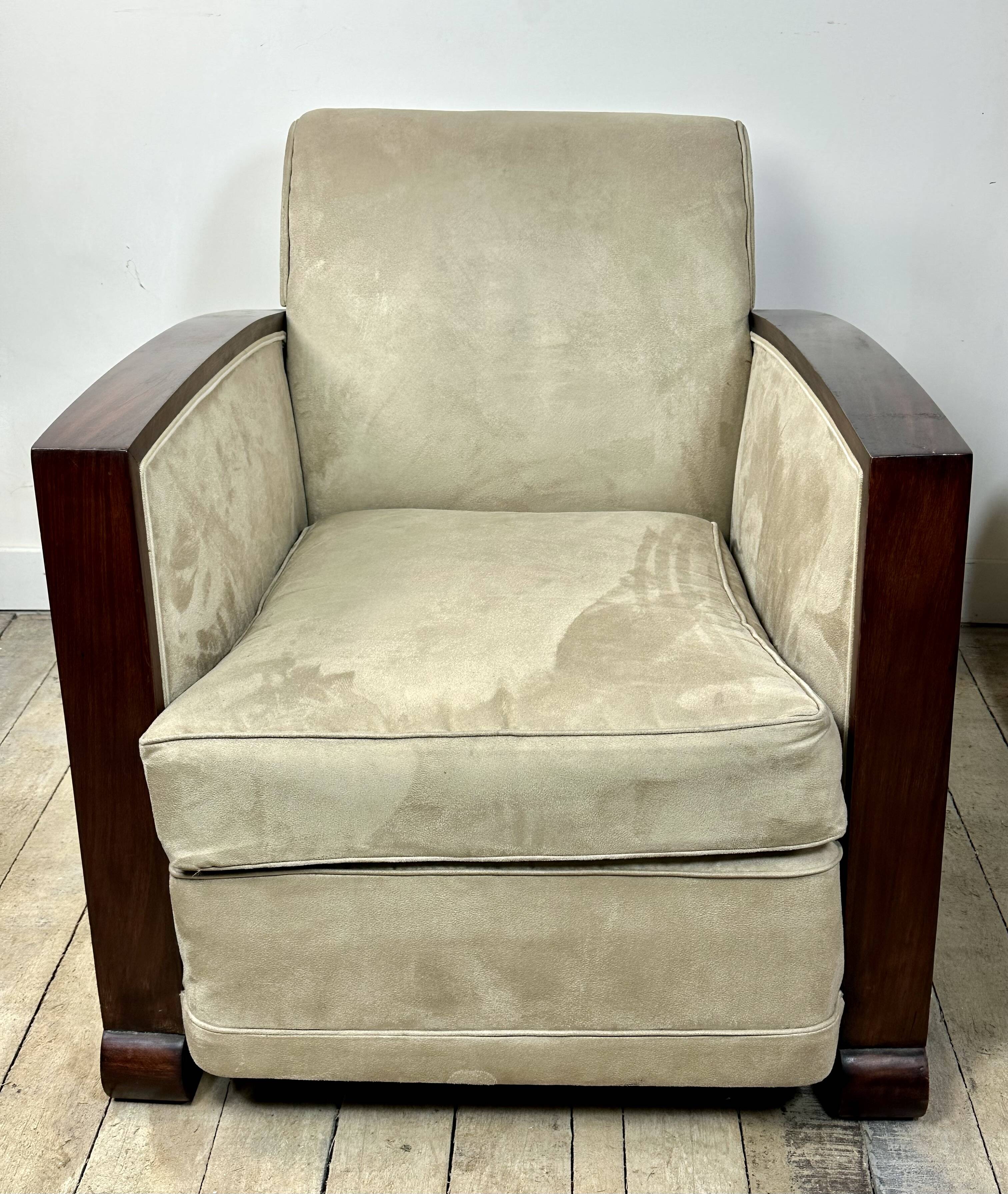 Pair of Art Deco armchairs in rosewood and suede.