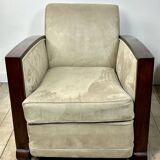 Pair of Art Deco armchairs in rosewood and suede.