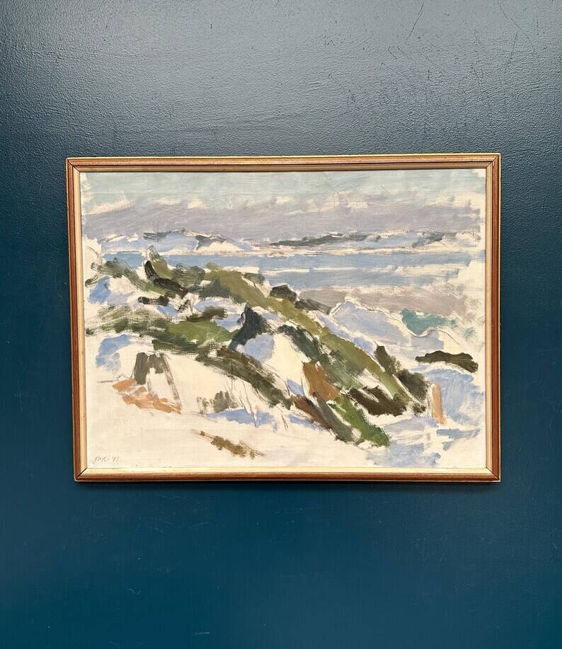 Original Swedish Oil on Canvas – "Winter Landscape" by FMK – Dated 1943 – Vintage and Framed – 78 × 60 cm (30.7" × 23.6")