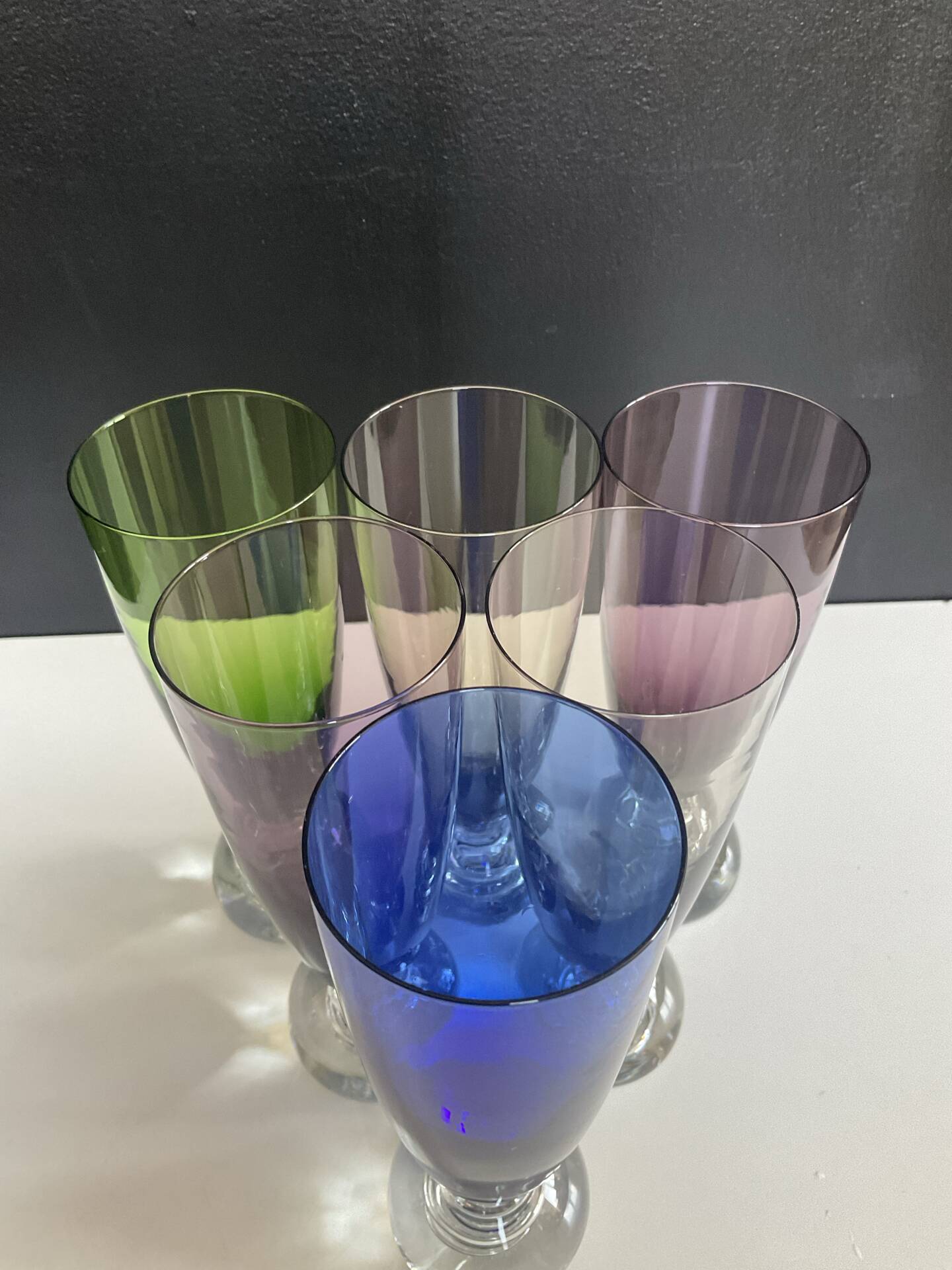 Set of 6 vintage coloured glass champagne coupes