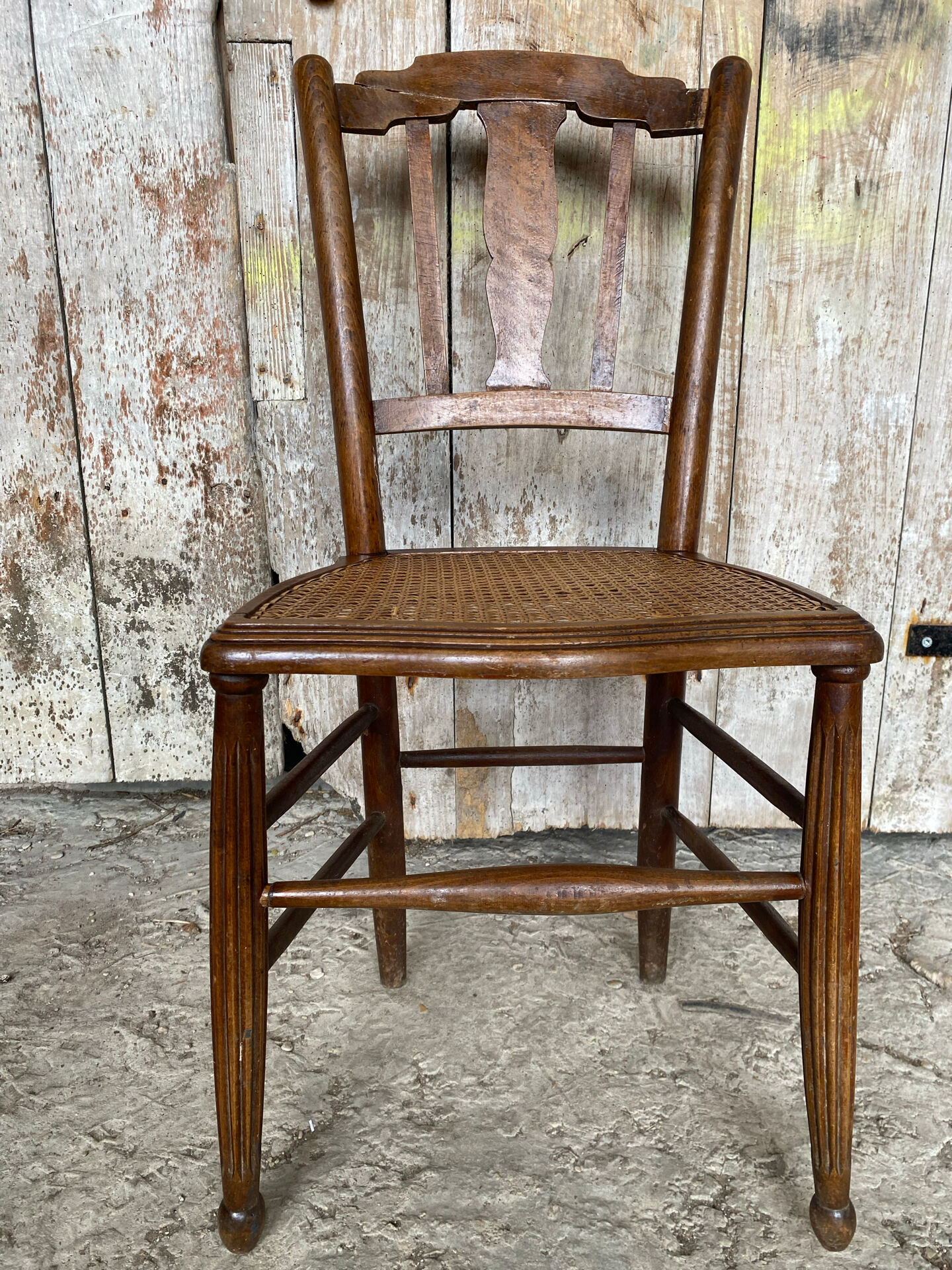 Antique Bistro Chair with Carved Wood and Woven Seat Vintage #E096