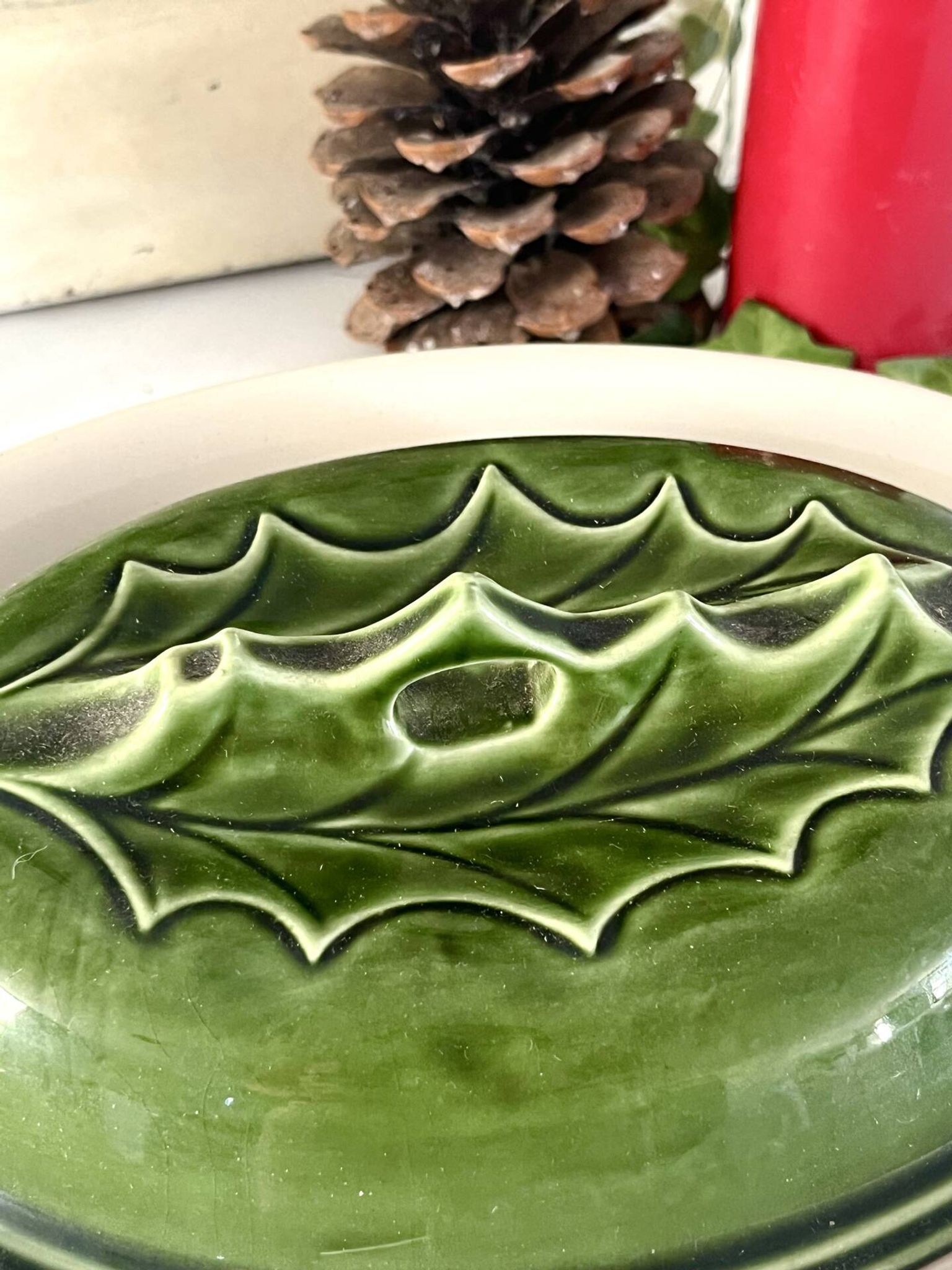 Christmas Terrine with Holly Lid, Green Ceramic Serving Dish, Vintage