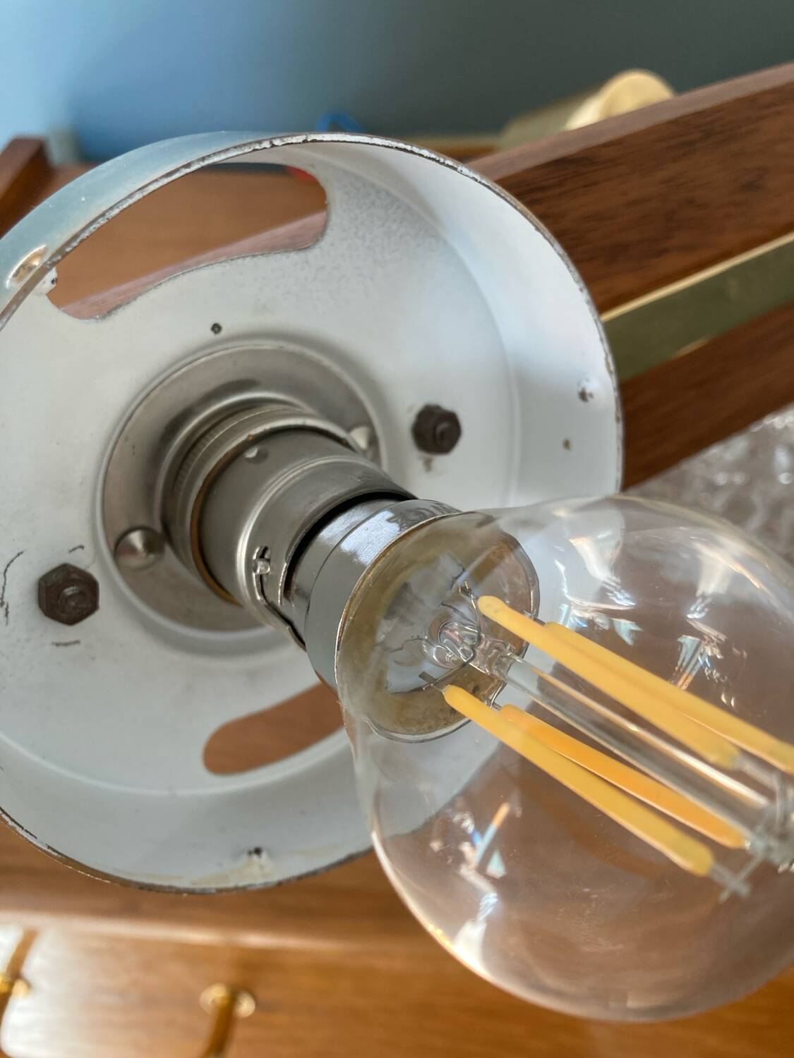 Vintage teak, brass and glass chandelier