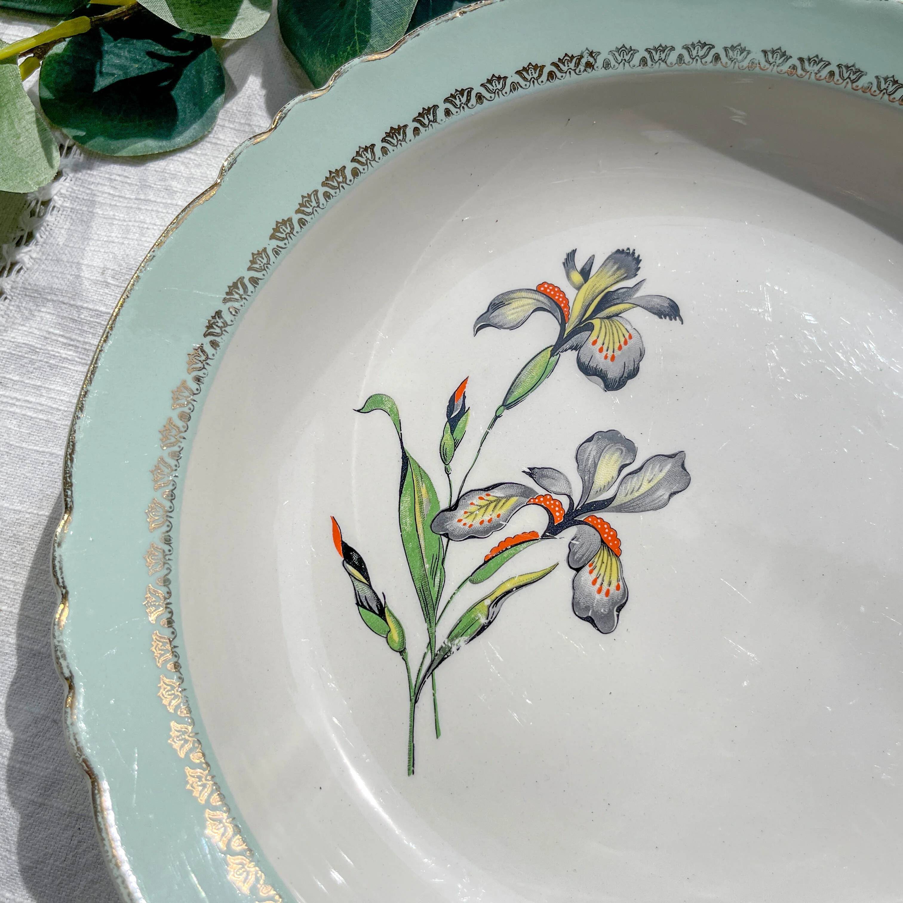 Vintage white and green porcelain dish Iris Moulin des Loups "Sargosse" 1950s