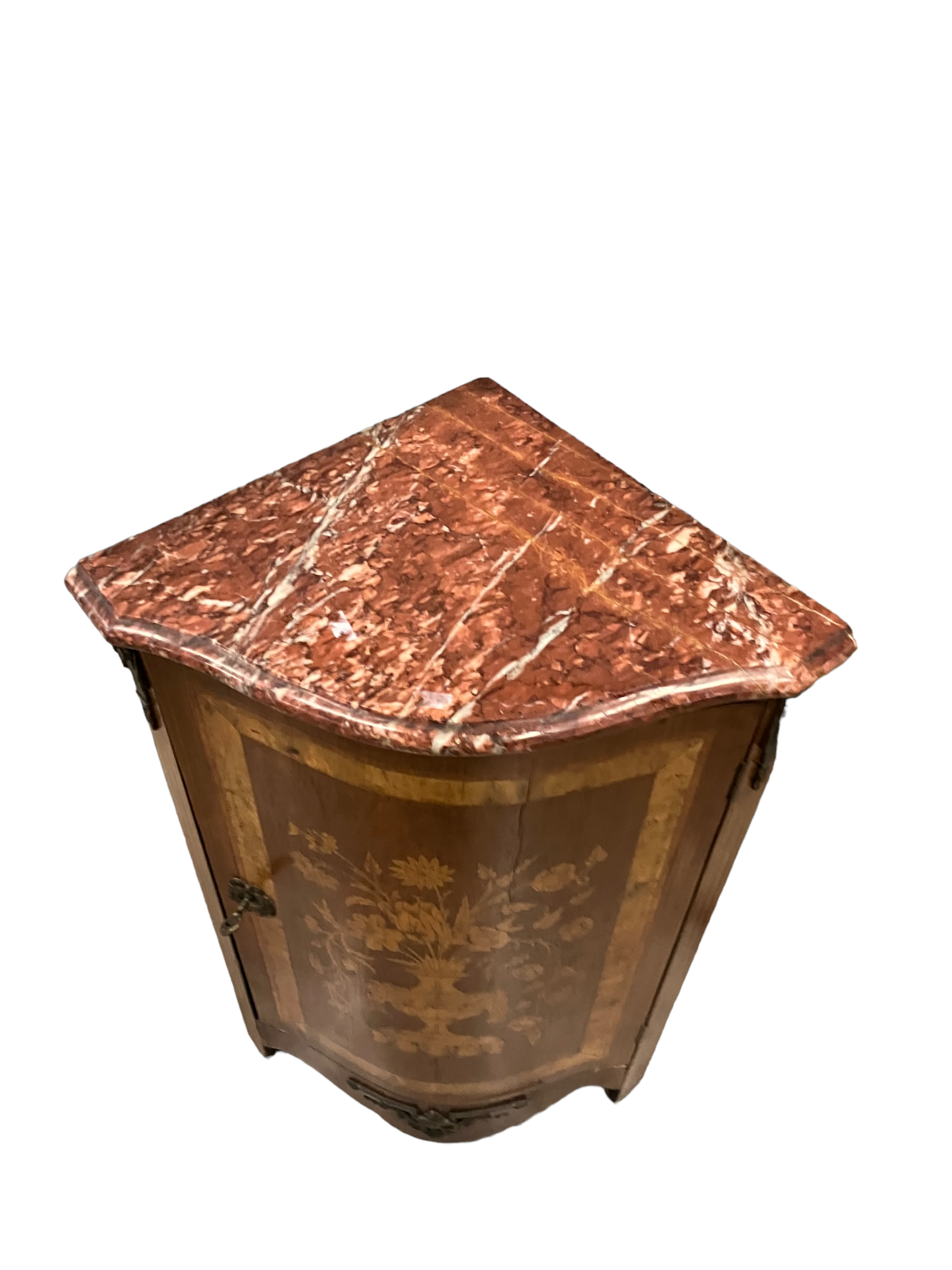 Buffet d'encoignure décor marqueté au vase fleuri de style Louis XVI