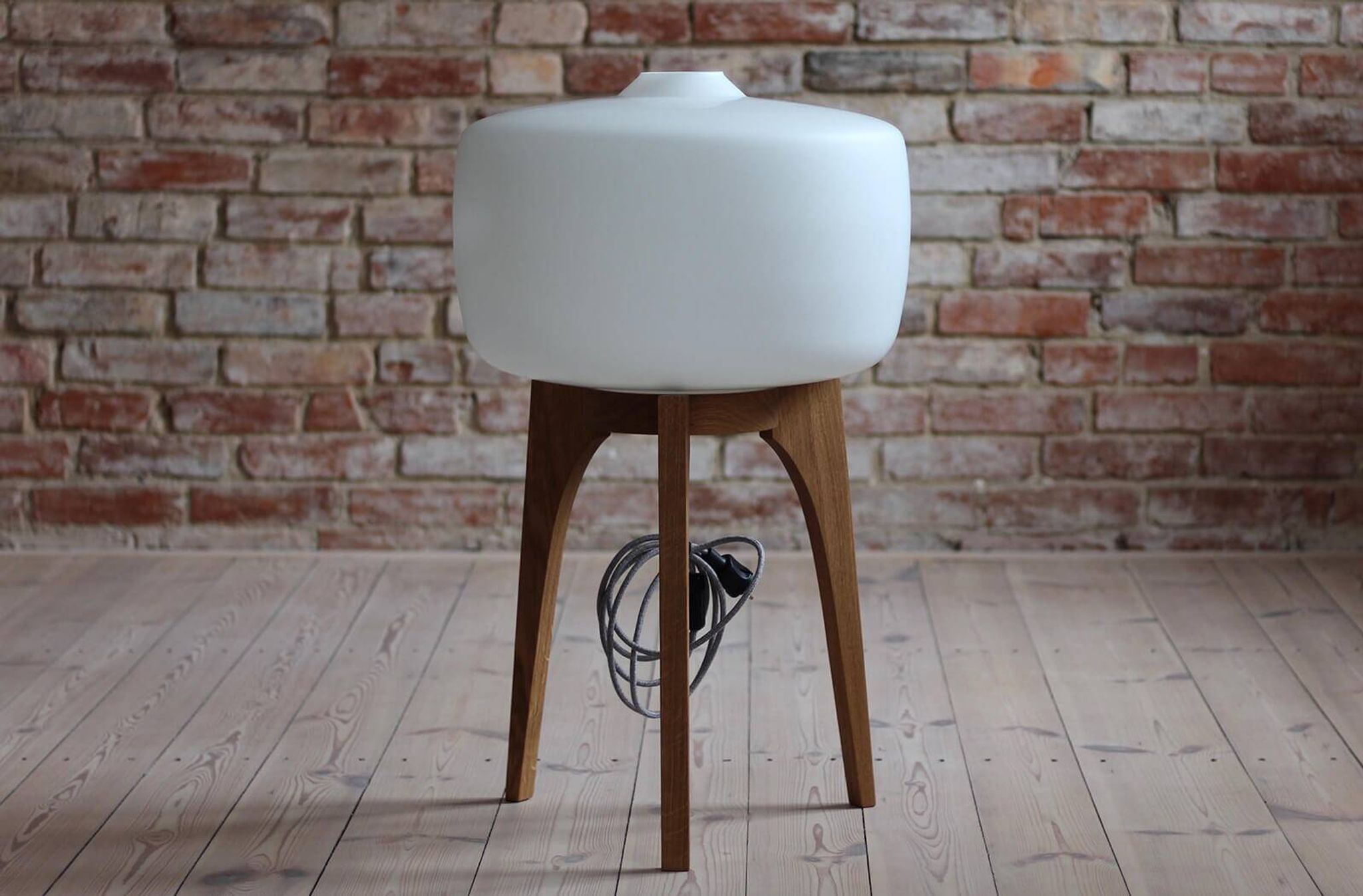 Floor Lamp, White Glass Lampshade, Wooden Base, Space Age, Midcentury