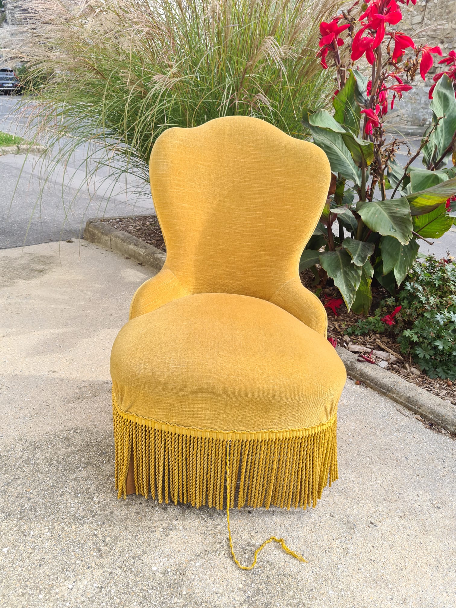 Yellow toad armchair with fringes