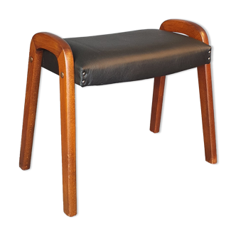 Norwegian Ottoman in Solid Teak and Black Leather, Vintage Scandinavian 1960s
