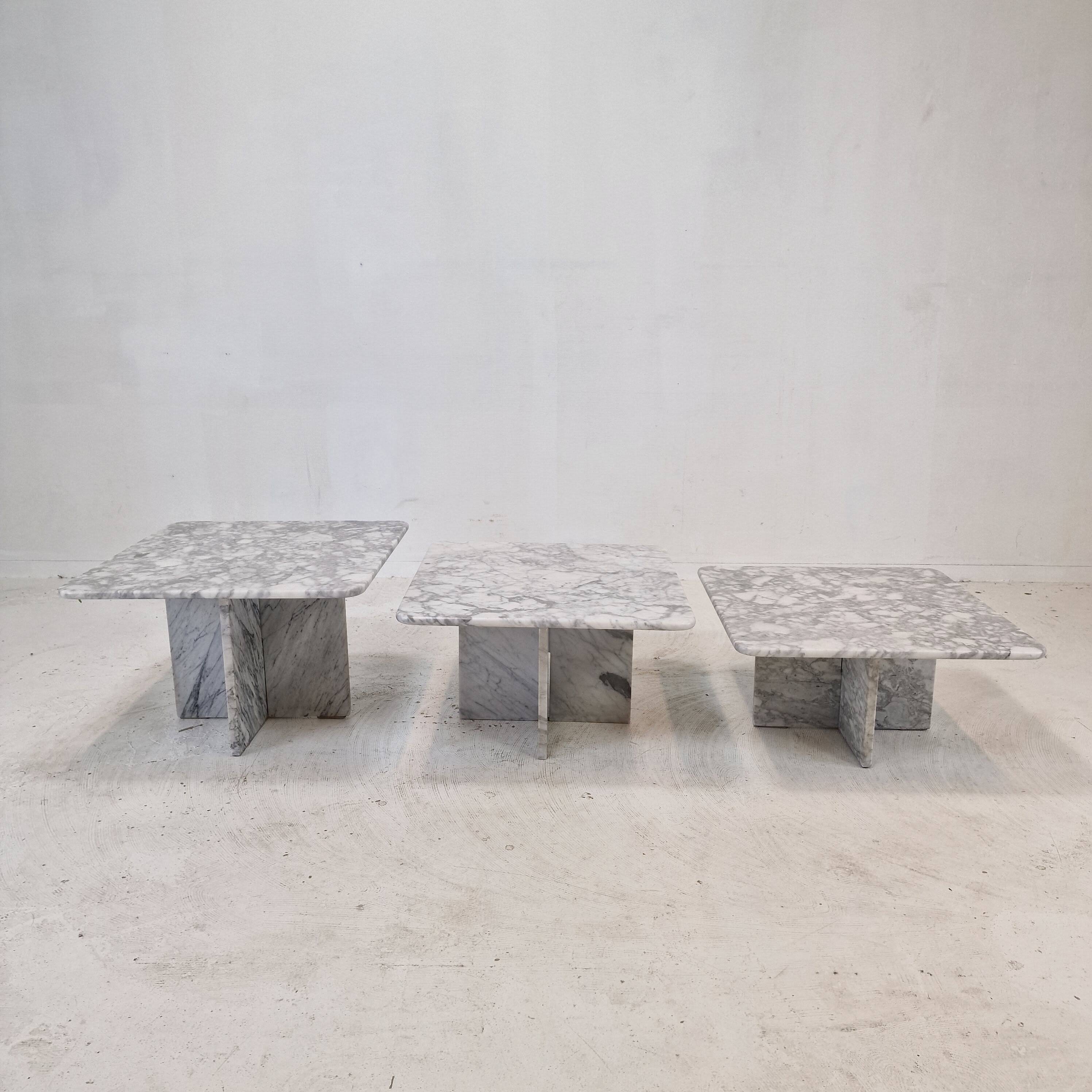 Set of 3 Italian Bianco Carrara Marble Coffee or Side Tables, 1980s