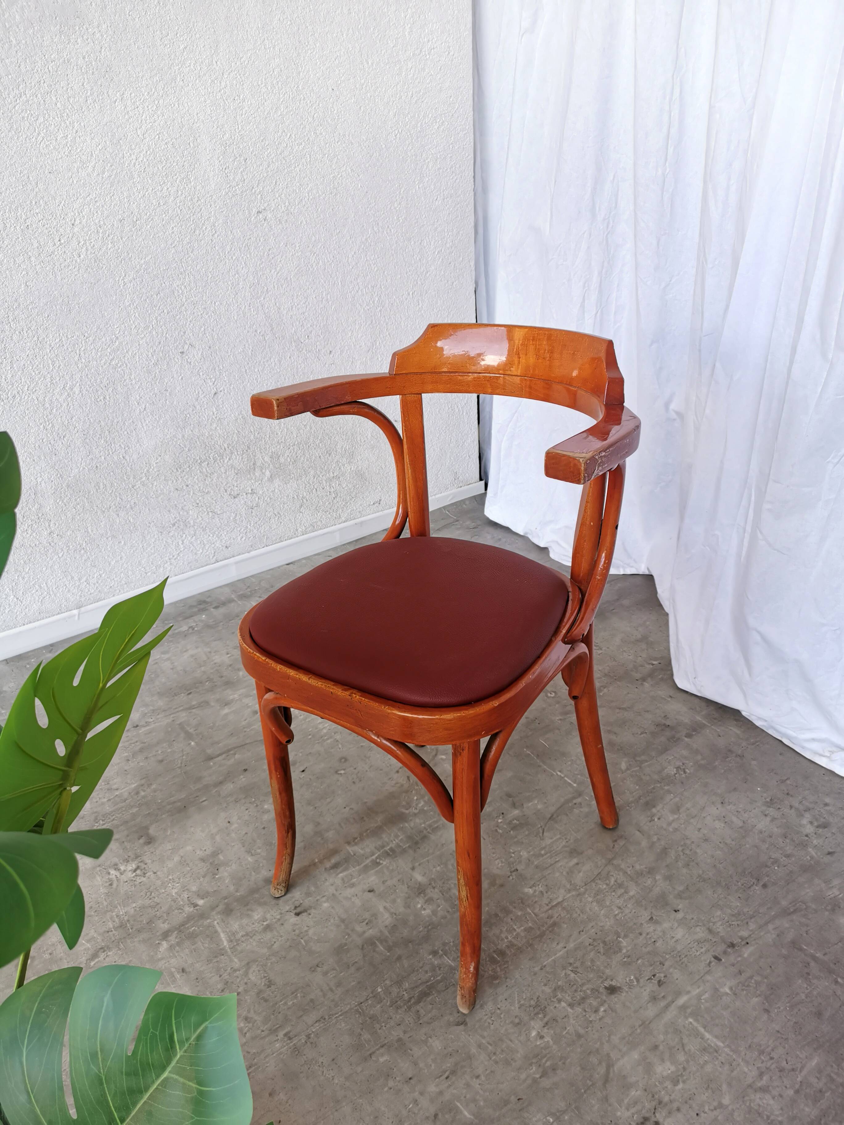 Vintage Bentwood Armchair: 1970s Red Faux Leather Irish Pub Chair