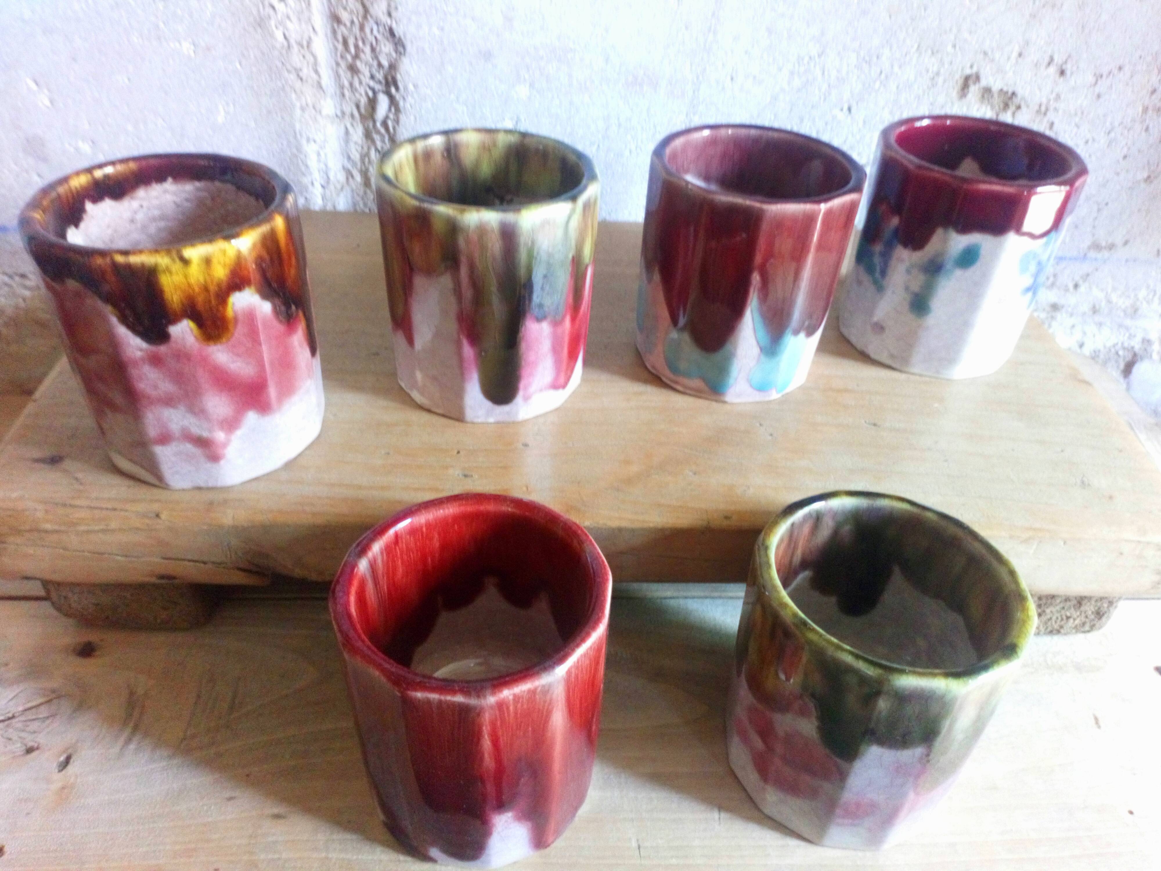 Six old yoghurt pots in enamelled porcelain