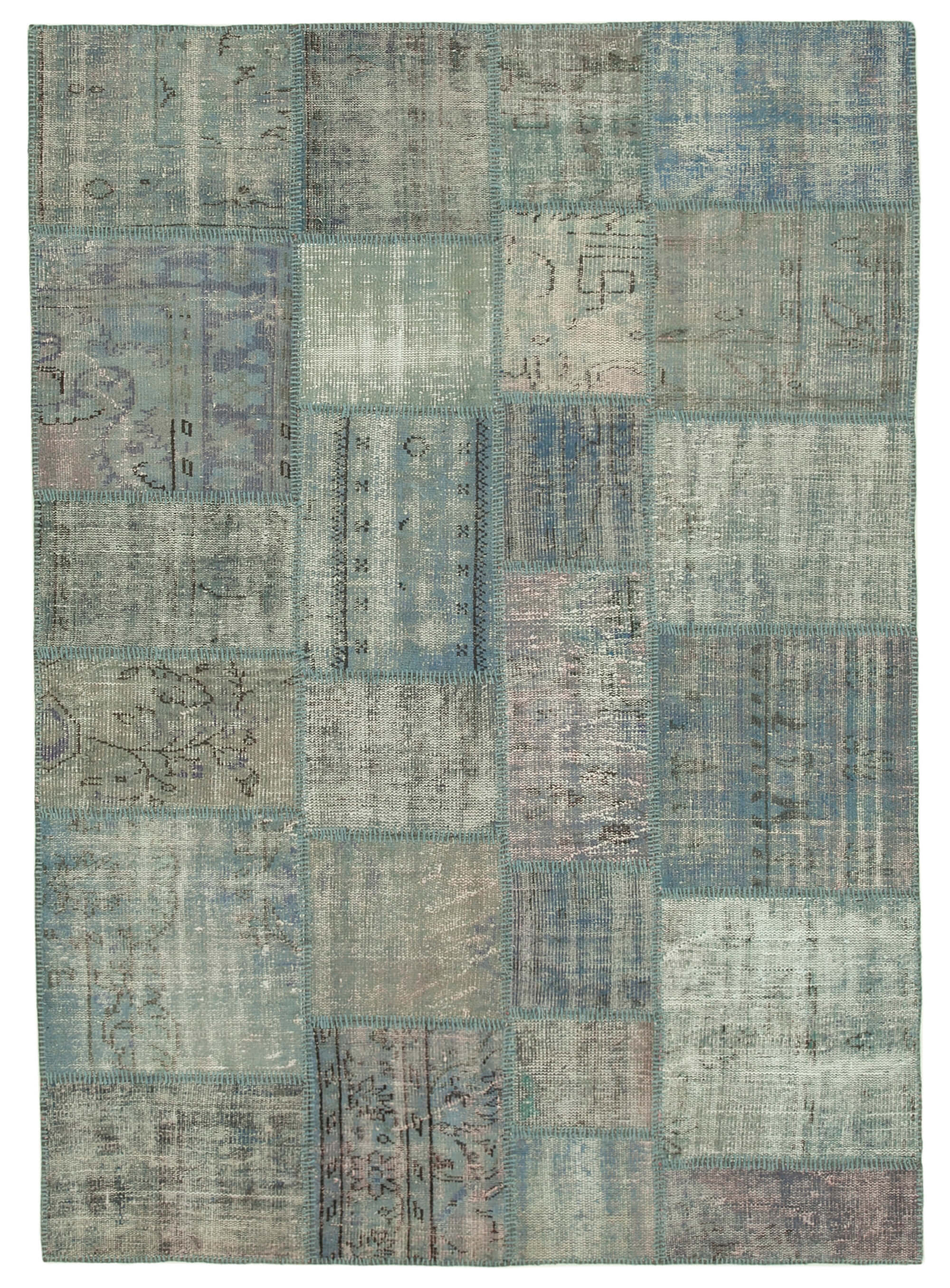 Hand-knotted turkish vintage 175 cm x 244 cm blue patchwork carpet