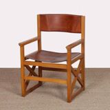 Vintage bridge chair in solid wood and leather, 1980