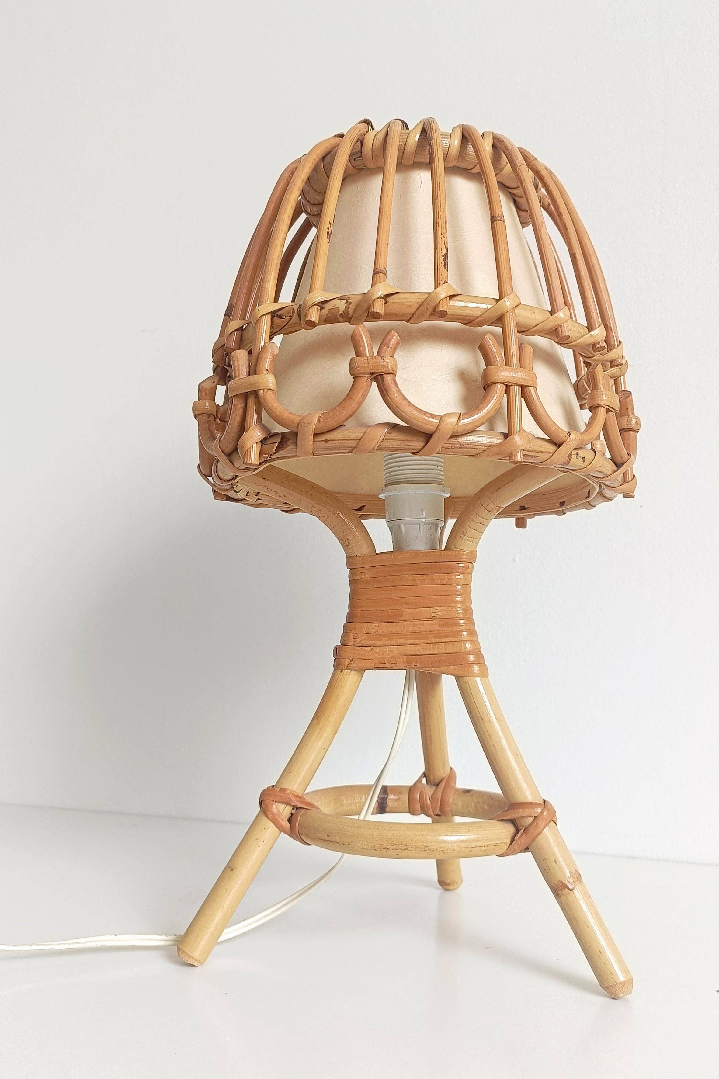 Midcentury Bamboo and Rattan Table Lamp, Attributed to Louis Sognot